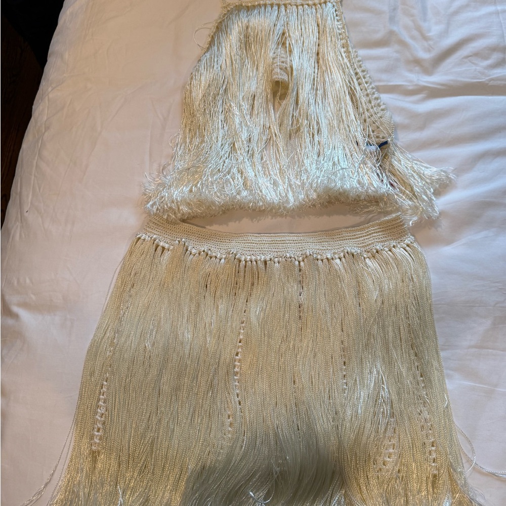 Elegant Cream Fringe Skirt Set